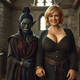 In a medieval room, a sinister woman with very dark black skin, appearing malnourished at around 30 years old, stands with a low stature