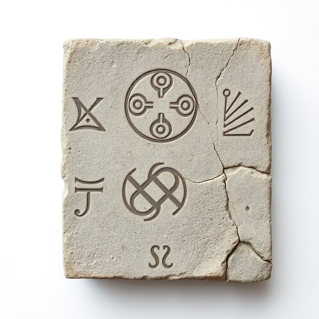 A slightly cracked stone tablet in the upper right corner featuring unknown symbols, set against a clean white background