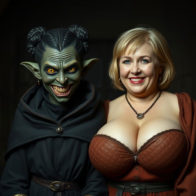 In a dark medieval chamber, a wicked-looking woman of 30 stands