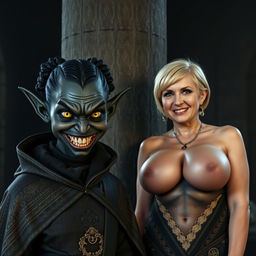 Next to a towering pillar in a dark medieval chamber, a malicious woman of 30 stands