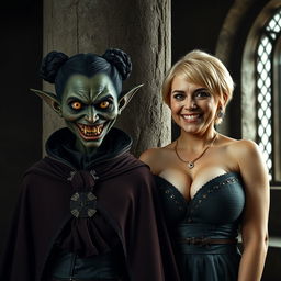 Next to a towering pillar in a dark medieval chamber, a malicious woman of 30 stands