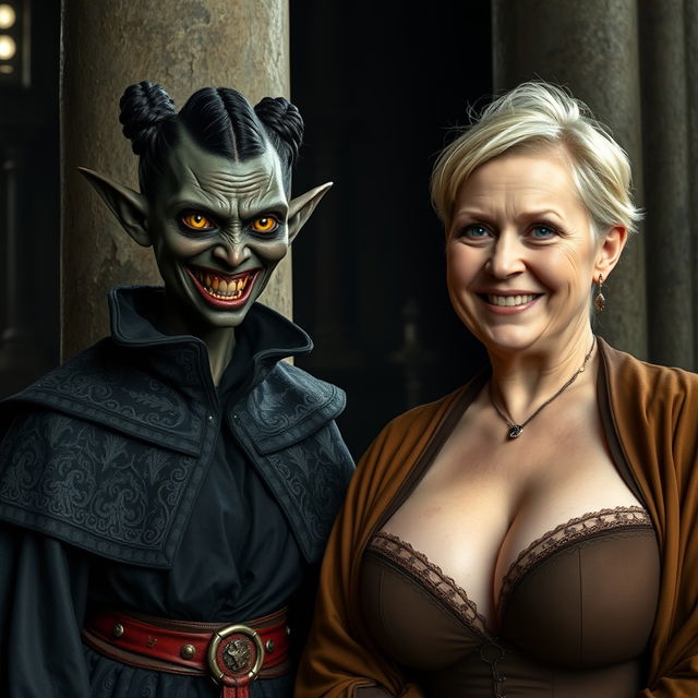 Next to a towering pillar in a dark medieval chamber, a malicious woman of 30 stands