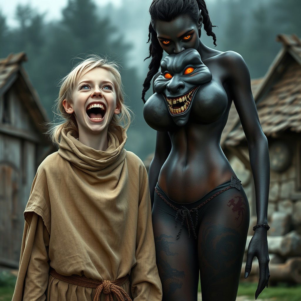 In a poor medieval village, a very happy, emaciated 19-year-old blonde girl with medium-length hair and blue eyes is joyfully screaming, her mouth wide open in a mix of desperation and happiness