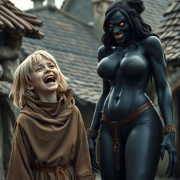 In a poor medieval village, a very happy, emaciated 19-year-old blonde girl with medium-length hair and blue eyes is joyfully screaming, her mouth wide open in a mix of desperation and happiness