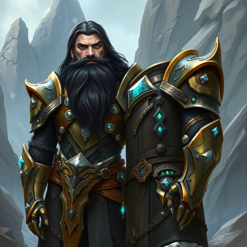 A male dwarf with long black hair and a thick beard stands confidently beside his mechanical armor, which is intricately designed with shimmering metal and embedded crystals