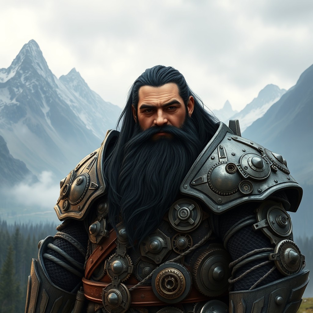 A male dwarf with long black hair and a thick beard, standing proudly next to his intricate mechanical armor