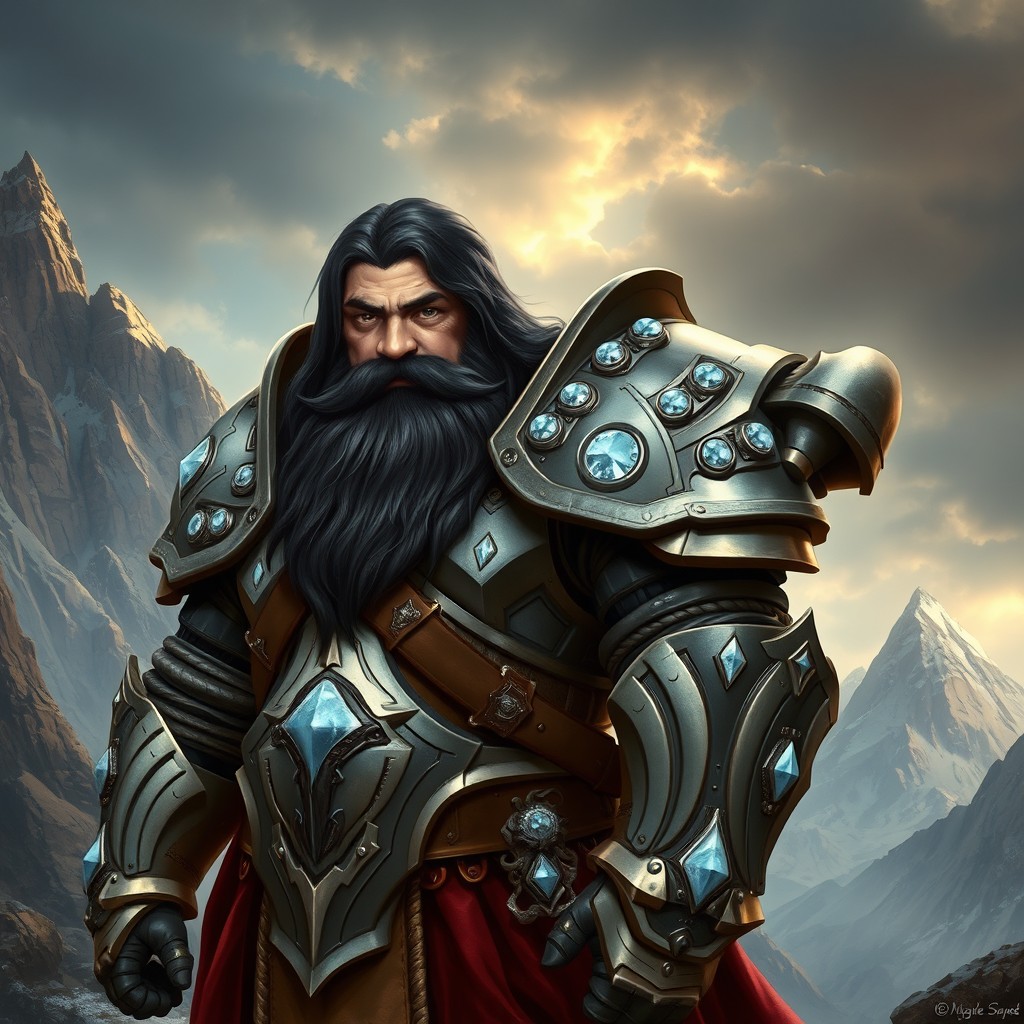 A male dwarf with long black hair and a thick beard stands proudly next to his mechanical armor, which is crafted from sleek metal and adorned with sparkling crystals