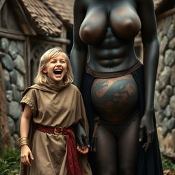 In a poor medieval village, a very happy 19-year-old short blonde girl with medium-length hair and blue eyes is joyfully screaming with excitement, her mouth wide open and brows furrowed in a mix of desperation and happiness