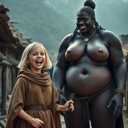 In a poor medieval village, a very happy 19-year-old short blonde girl with medium-length hair and blue eyes is joyfully shouting, her mouth wide open and her brows furrowed in excitement