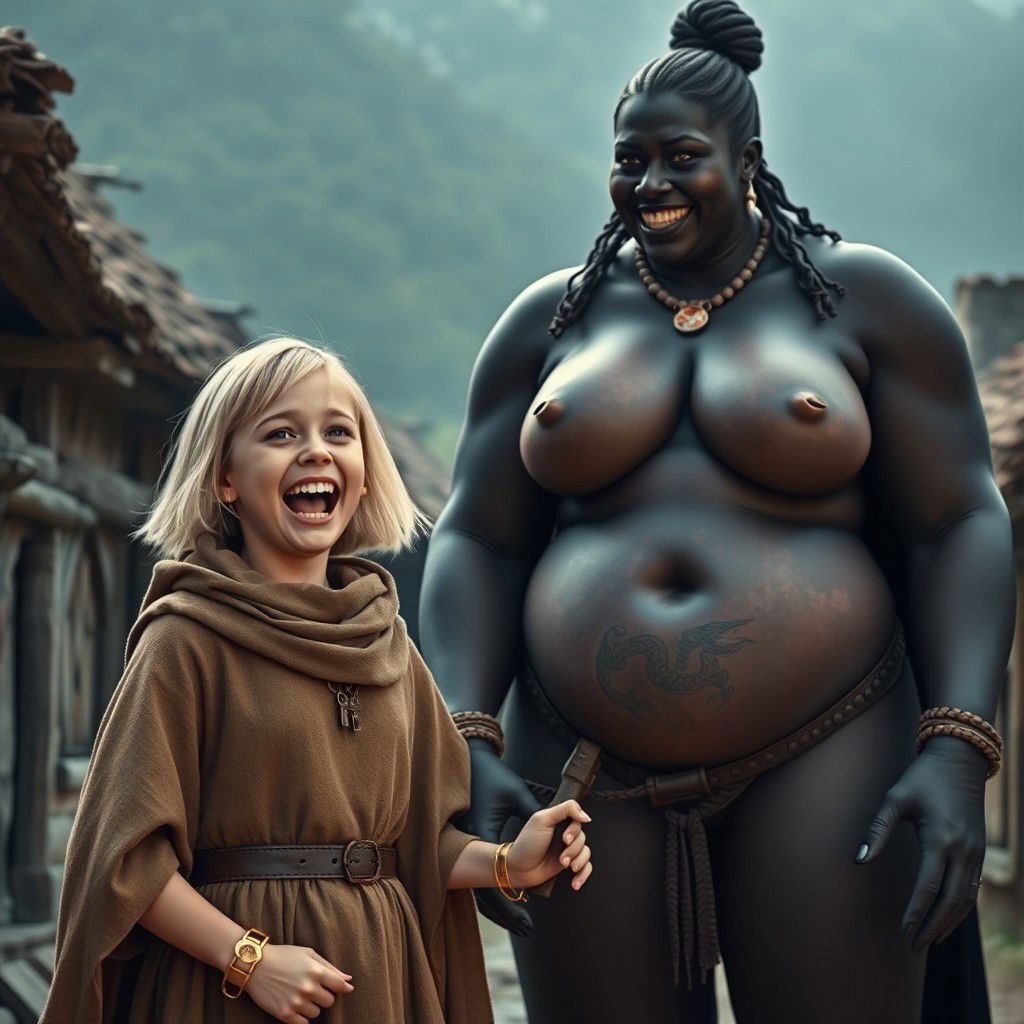 In a poor medieval village, a very happy 19-year-old short blonde girl with medium-length hair and blue eyes is joyfully shouting, her mouth wide open and her brows furrowed in excitement