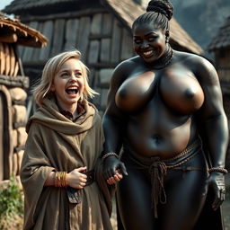 In a poor medieval village, a very happy 19-year-old short blonde girl with medium-length hair and blue eyes is joyfully shouting, her mouth wide open and her brows furrowed in excitement