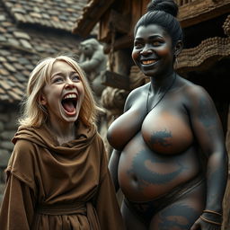 In a poor medieval village, a very happy and emaciated 19-year-old blonde girl with medium-length hair and blue eyes is joyfully shouting with her mouth wide open, expressing both desperation and delight, her brow furrowed