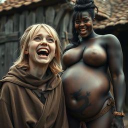 In a poor medieval village, a very happy and emaciated 19-year-old blonde girl with medium-length hair and blue eyes is joyfully shouting with her mouth wide open, expressing both desperation and delight, her brow furrowed