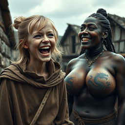 In a poor medieval village, a very happy and emaciated 19-year-old blonde girl with medium-length hair and blue eyes is joyfully shouting with her mouth wide open, expressing both desperation and delight, her brow furrowed