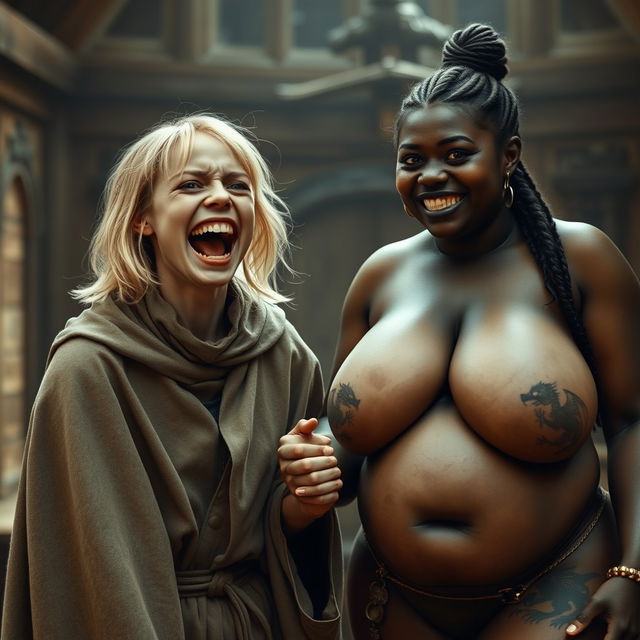 Inside a medieval room, a very happy and emaciated 19-year-old blonde girl with medium-length hair and blue eyes is joyfully shouting with her mouth wide open, a mix of desperation and delight on her face, her brows furrowed