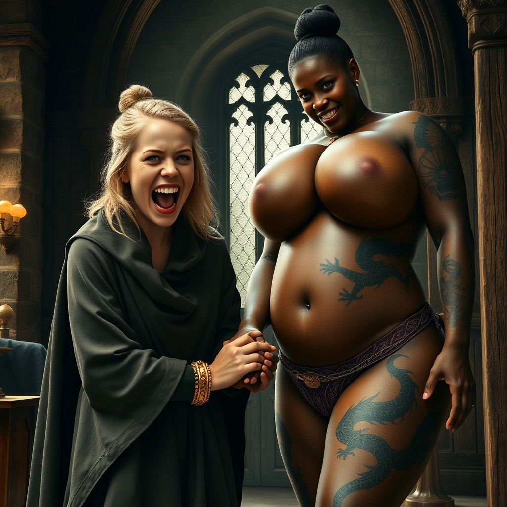 In a medieval room, a very happy, scrawny young blonde woman of 19 years is exuberantly screaming, her mouth wide open in a mix of desperation and joy