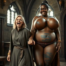 In a medieval room, a very happy, scrawny young blonde woman of 19 years is exuberantly screaming, her mouth wide open in a mix of desperation and joy