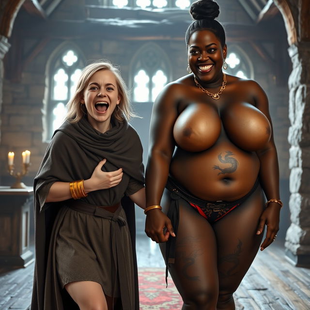 In a medieval room, a very happy, scrawny young blonde woman of 19 years is exuberantly screaming, her mouth wide open in a mix of desperation and joy