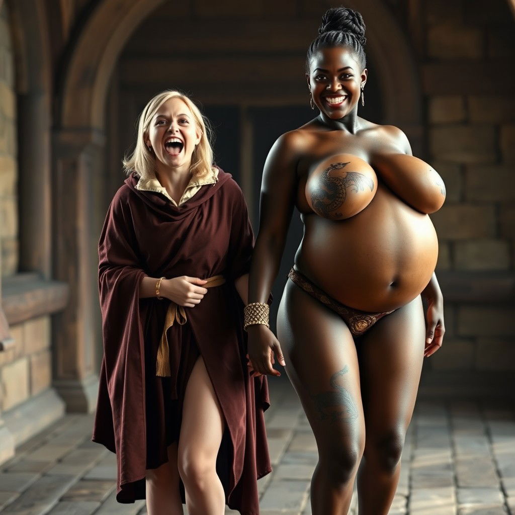 In a medieval room, a very happy, scrawny young blonde woman of 19 years is exuberantly screaming, her mouth wide open in a mix of desperation and joy