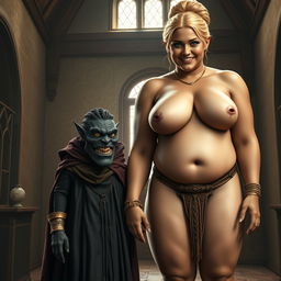 In a medieval room, a sinister young woman stands hand in hand with an enormous blonde giantess