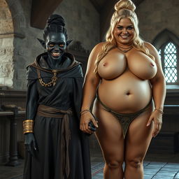 In a medieval room, a sinister young woman stands hand in hand with an enormous blonde giantess