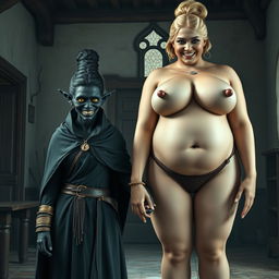 In a medieval room, a sinister young woman stands hand in hand with an enormous blonde giantess