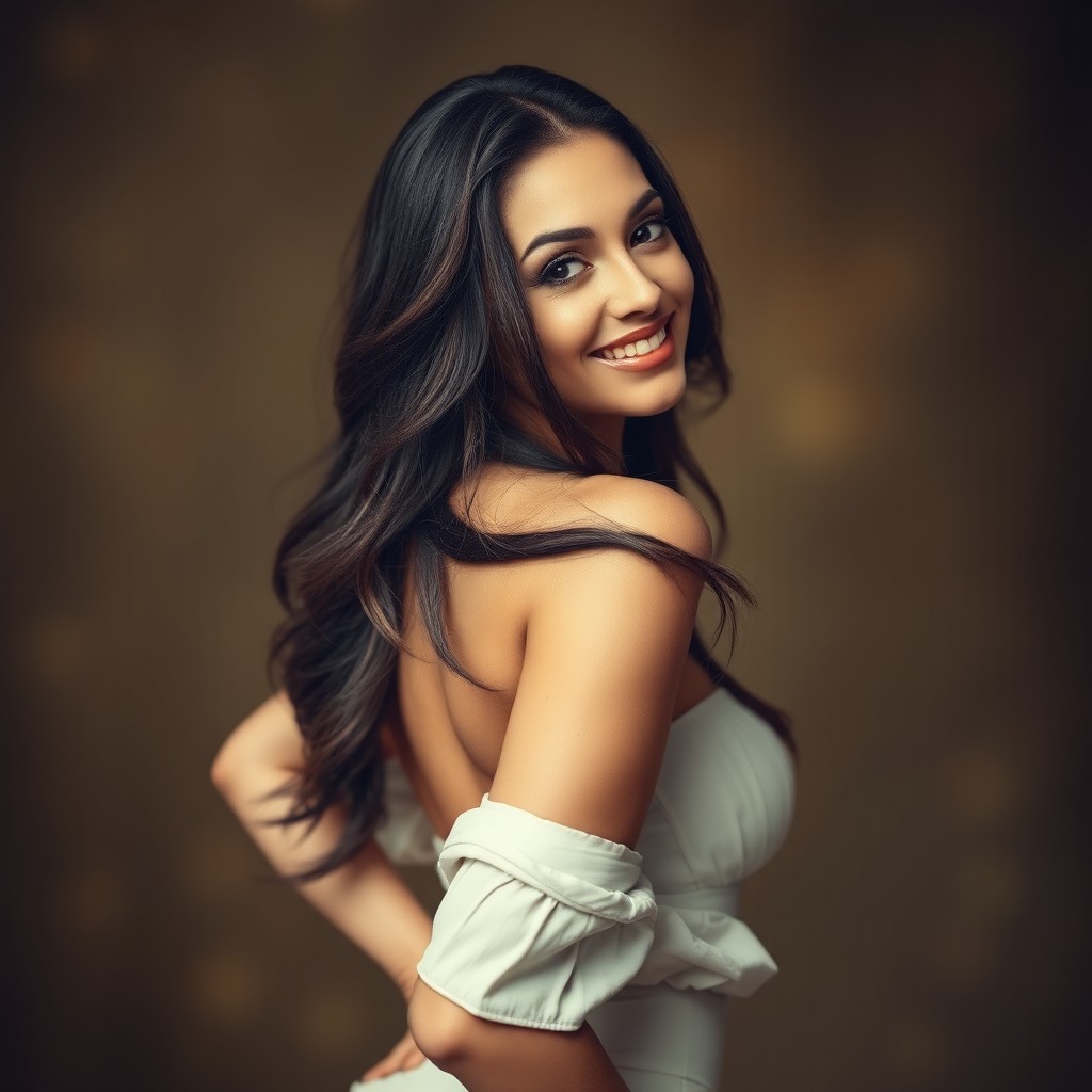 A captivating and artistic portrayal of a confident woman with an enchanting pose, exuding charisma and allure