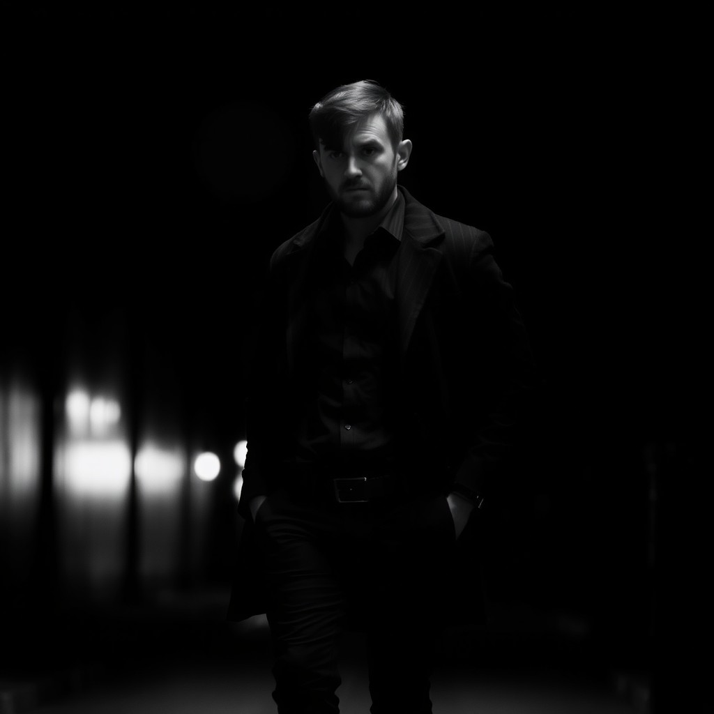 A low key black and white portrait of a man with short hair and a beard, embodying a heartbroken expression while standing alone in a dark setting