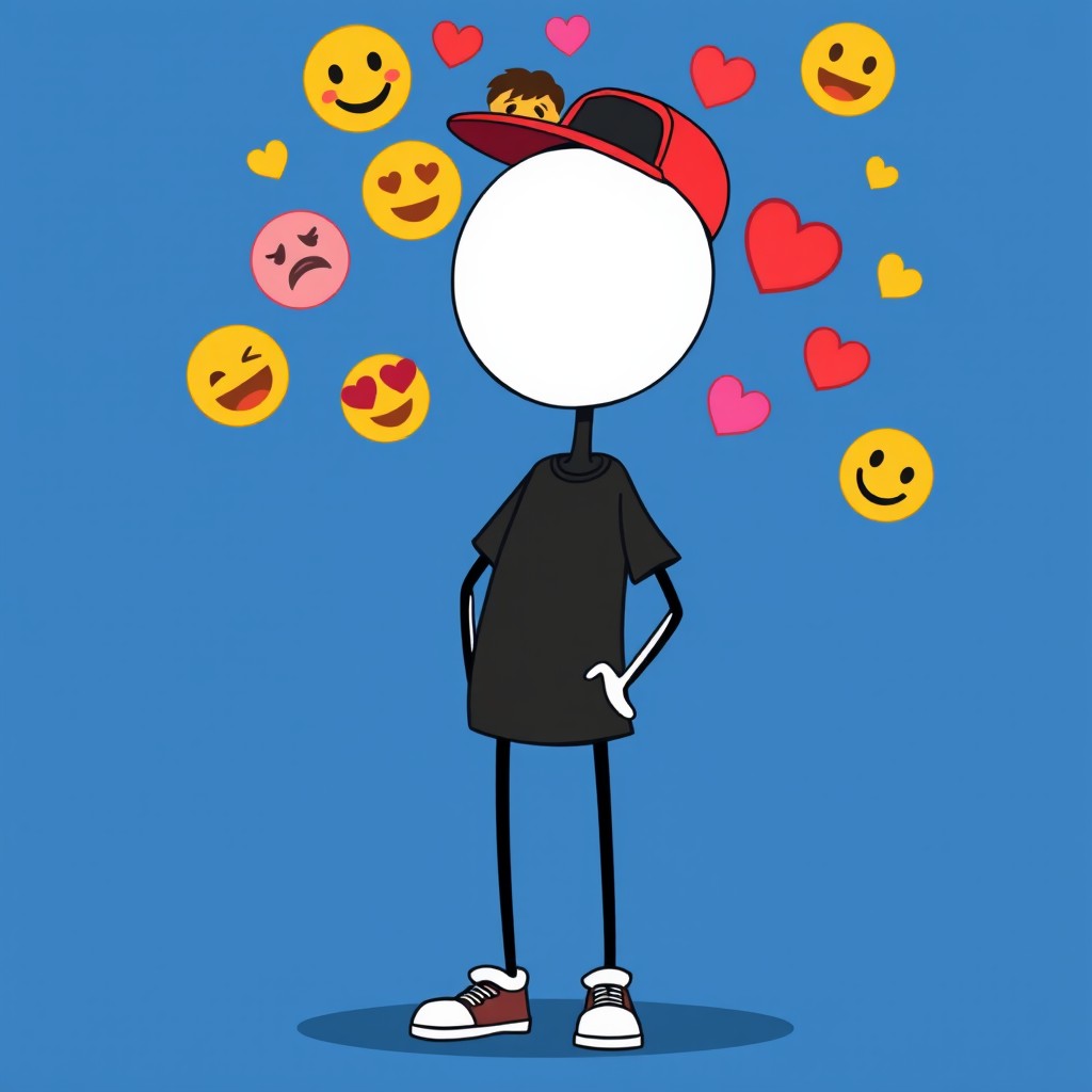 A vivid cartoon illustration of a faceless stick figure character with a white round head (no facial details), black stick limbs, realistic cartoon hands, and simple shoes