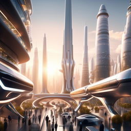 An envisioning of a modern, futuristic cityscape. Streets bustling with autonomous vehicles, skyscrapers gleaming under the sunshine, and people interacting with high-tech devices.