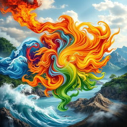 An artistic representation of the five Chinese elements: fire, air, water, wood, and metal, alongside the concepts of consciousness and energy set against a harmonious natural landscape