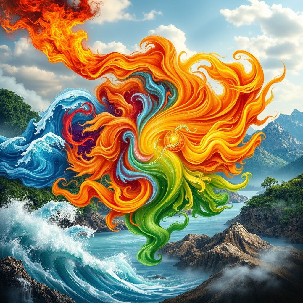 An artistic representation of the five Chinese elements: fire, air, water, wood, and metal, alongside the concepts of consciousness and energy set against a harmonious natural landscape