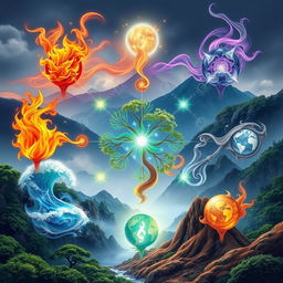 An artistic representation of the five Chinese elements: fire, air, water, wood, and metal, alongside the concepts of consciousness and energy set against a harmonious natural landscape