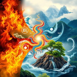 An artistic representation of the five Chinese elements: fire, air, water, wood, and metal, alongside the concepts of consciousness and energy set against a harmonious natural landscape