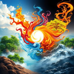 An artistic representation of the five Chinese elements: fire, air, water, wood, and metal, alongside the concepts of consciousness and energy set against a harmonious natural landscape