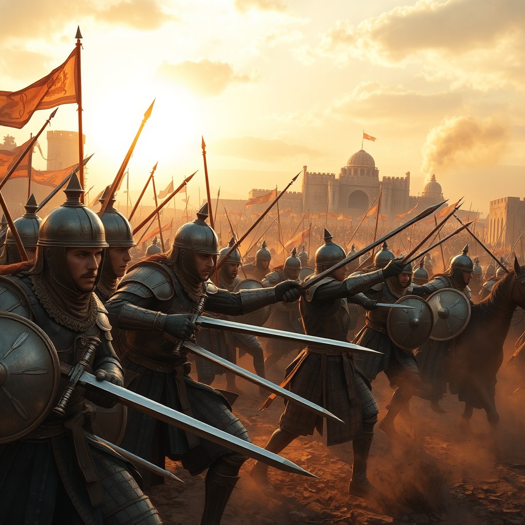 An intense scene depicting war in ancient times, showcasing a fierce battle between two armies