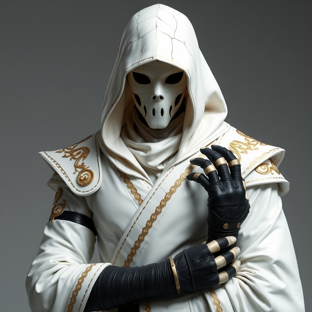 A masculine warforged character made entirely of white porcelain, standing in an evocative pose