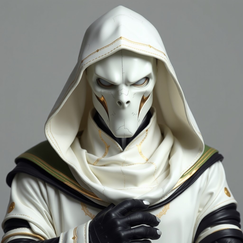 A masculine warforged character crafted from white porcelain, exuding an air of mystery