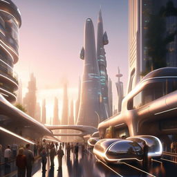 An envisioning of a modern, futuristic cityscape. Streets bustling with autonomous vehicles, skyscrapers gleaming under the sunshine, and people interacting with high-tech devices.