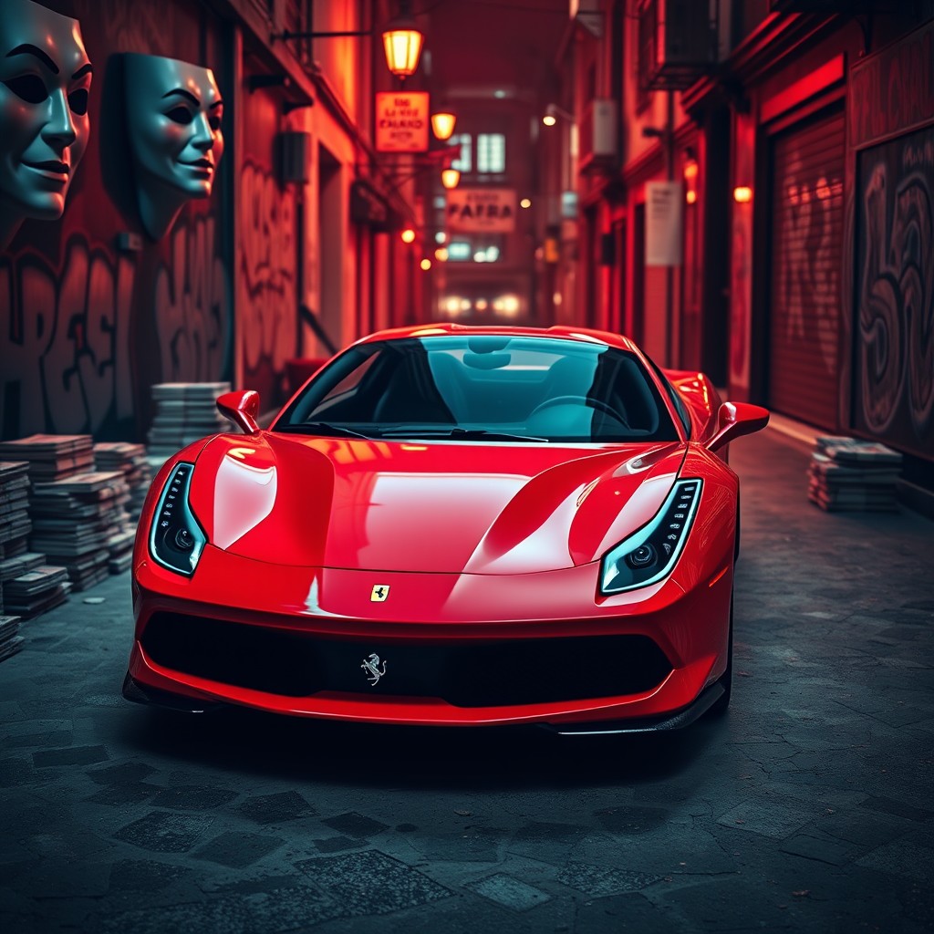 A striking red Ferrari parked in an artistic, vibrant setting inspired by 'La Casa de Papel' (Money Heist)