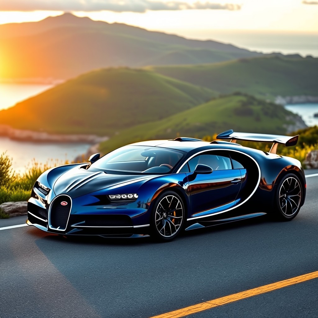 A stunning Bugatti sports car parked on a scenic coastal road