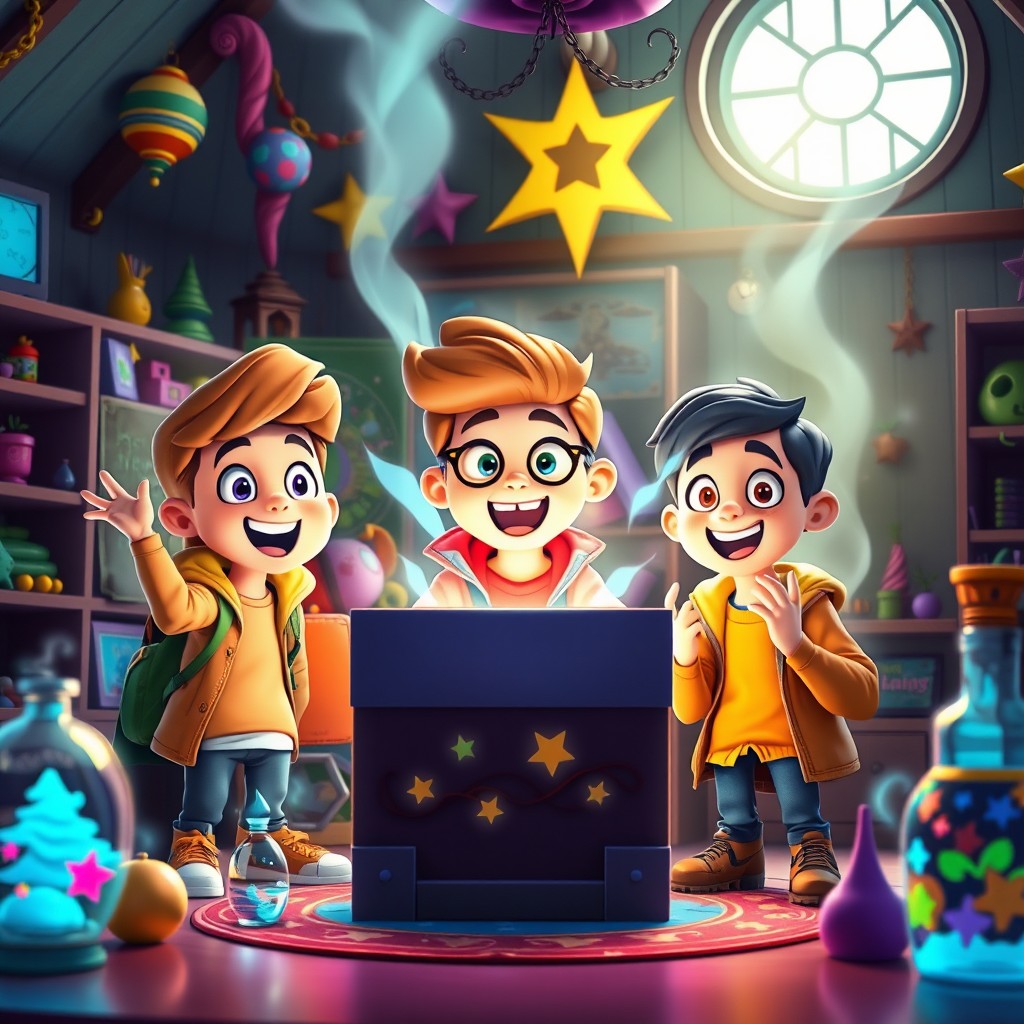 In a vibrant cartoon design, three excited teen students are gathered in a magical classroom