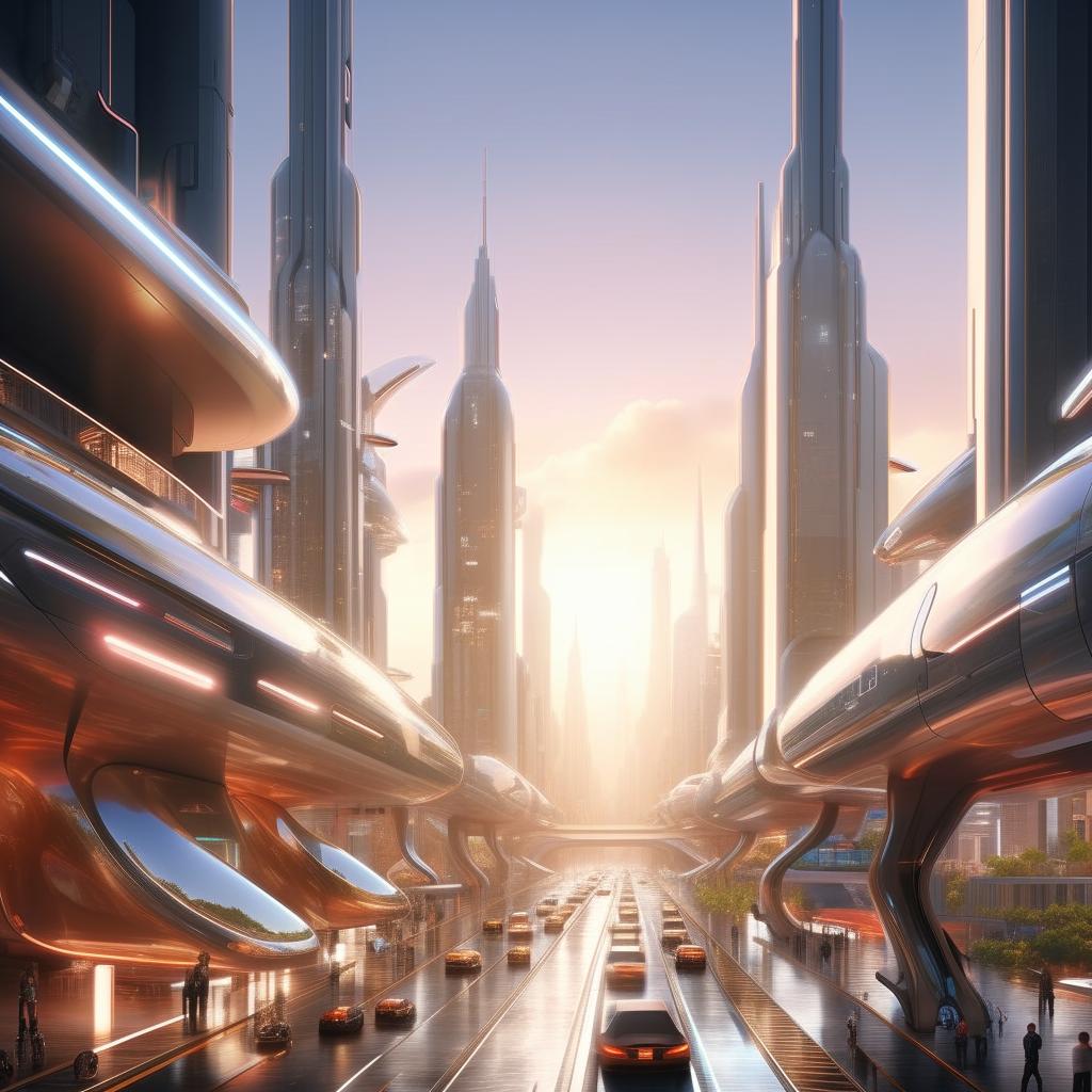 An envisioning of a modern, futuristic cityscape. Streets bustling with autonomous vehicles, skyscrapers gleaming under the sunshine, and people interacting with high-tech devices.