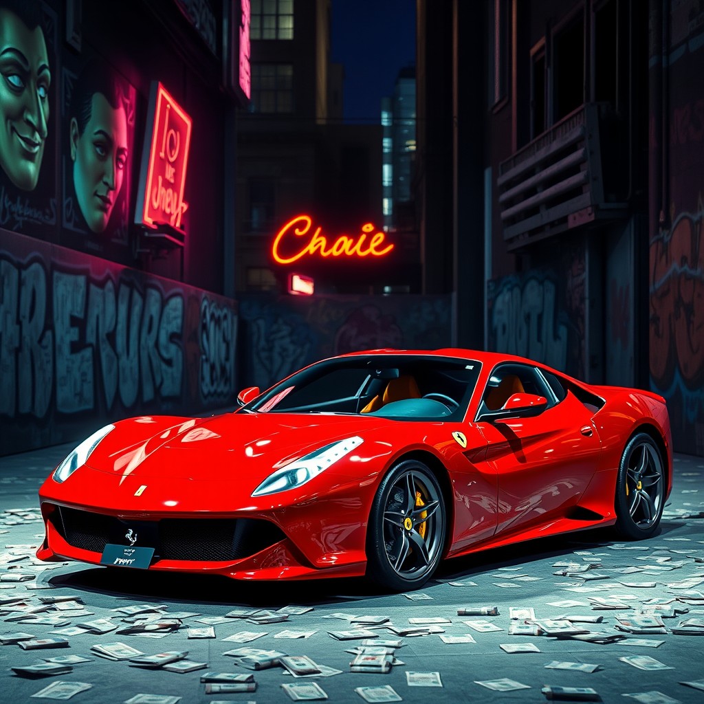A stunning red Ferrari displayed prominently in an imaginative setting inspired by 'La Casa de Papel' (Money Heist)