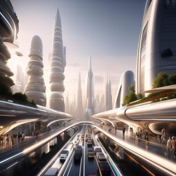 An envisioning of a modern, futuristic cityscape. Streets bustling with autonomous vehicles, skyscrapers gleaming under the sunshine, and people interacting with high-tech devices.