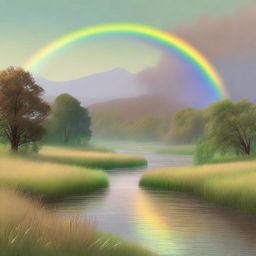 An ethereal afternoon landscape with tall, high green grass, a blue river with seven dramatic, lofty waves flowing from left to right, under a rainbow in a cloudless brown sky, surrounded by numerous flying trees with wings.