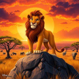 A realistic reimagining of Disney's 1994 Lion King, featuring a majestic lion resembling Simba, standing atop Pride Rock with a stunning sunset in the background