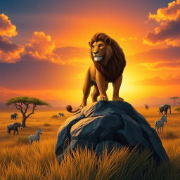 A realistic reimagining of Disney's 1994 Lion King, featuring a majestic lion resembling Simba, standing atop Pride Rock with a stunning sunset in the background