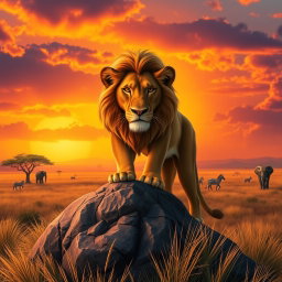 A realistic reimagining of Disney's 1994 Lion King, featuring a majestic lion resembling Simba, standing atop Pride Rock with a stunning sunset in the background