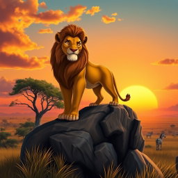 A realistic reimagining of Disney's 1994 Lion King, featuring a majestic lion resembling Simba, standing atop Pride Rock with a stunning sunset in the background